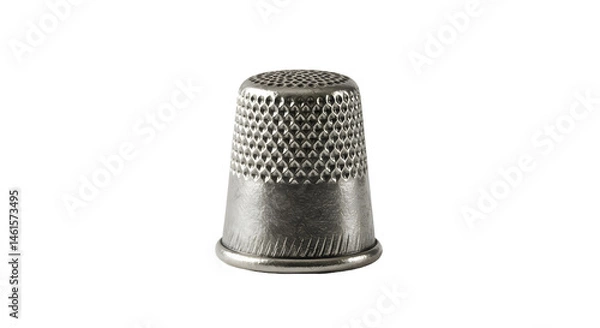Fototapeta Metal thimble standing on seamless white background with transparent layer