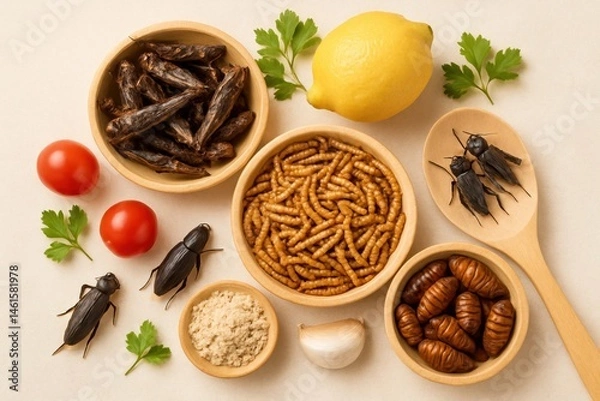 Fototapeta Insect protein, alternative food and protein source. Bugs on a plate