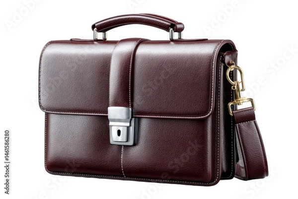 Fototapeta Elegant leather briefcase with a structured design and metal clasp. Png, Transparent background.