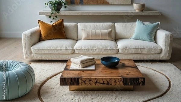 Fototapeta Generative AI, Modern Studio Living Room with Boucle Sofa and Walnut Table