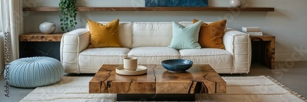 Fototapeta Generative AI, Modern Studio Living Room with Boucle Sofa and Walnut Table