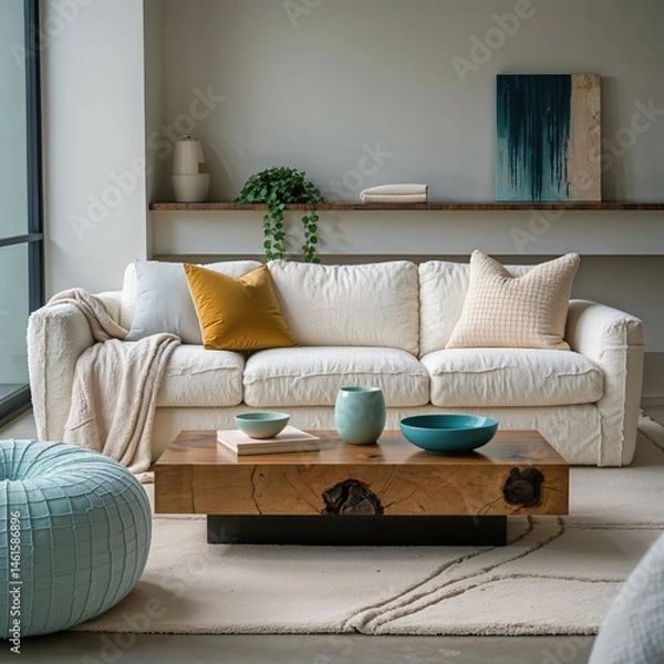 Fototapeta Generative AI, Modern Studio Living Room with Boucle Sofa and Walnut Table