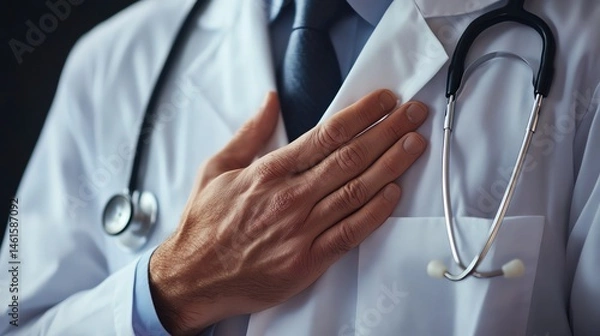 Obraz A doctor places a hand over their heart, wearing a white coat and stethoscope, symbolizing dedication and care in the medical profession.