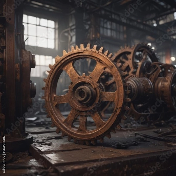 Fototapeta Rusting gears grind in a dimly lit, forgotten factory ,  rusty pipes,  grime,  grunge