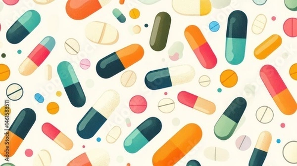 Fototapeta Colorful pills and capsules scattered on white background. (3)