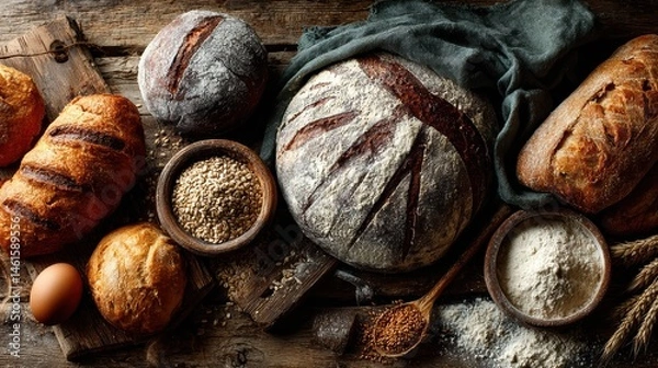 Obraz Rustic artisan breads with nutritious grains displayed on wooden table, perfect for organic food promotion