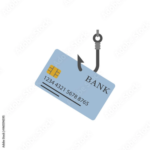 Fototapeta The credit card is hanging on a hook. Fishing hook with  bank card shaped bait.  Vector illustration on white background.