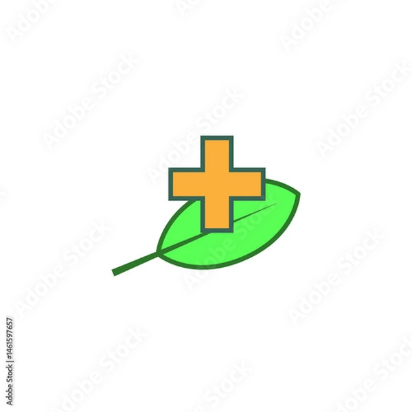 Fototapeta Green leaf and cross. Color isolated vector icon.