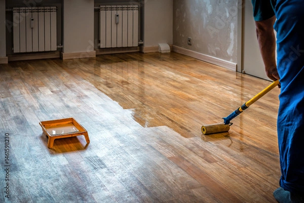 Obraz Worker varnishing floor with Eco white acrylic varnish for wood parquet floor, lacquering roller. Home renovation. Industrial tools