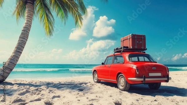 Fototapeta Red vintage car with luggage on roof rack parked on sandy beach near palm tree under sunny sky.