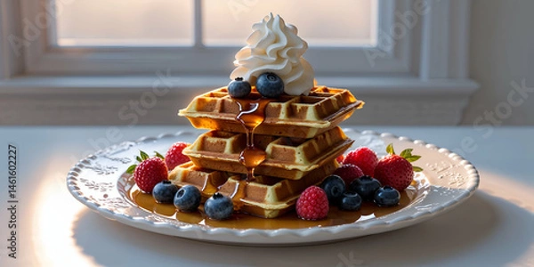 Fototapeta Golden waffles with whipped cream, berries, and maple syrup on a white plate, soft morning light