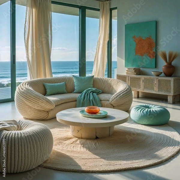 Fototapeta Generative AI, Modern Coastal Living Room with Ocean View and Natural Textures