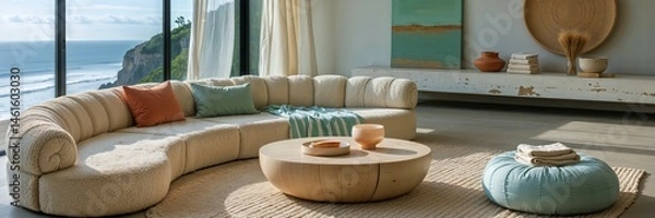 Fototapeta Generative AI, Modern Coastal Living Room with Ocean View and Natural Textures