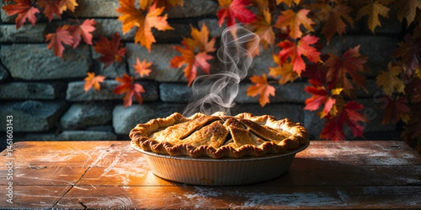 Fototapeta A worn, wooden table, adorned with subtle scratches and a warm, honey-brown patina, holds a freshly baked apple pie, its crust golden brown and flaky, with wisps of steam gently rising from the surfac