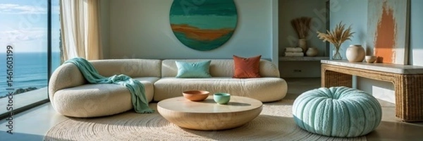 Fototapeta Generative AI, Modern Coastal Living Room with Ocean View and Natural Textures