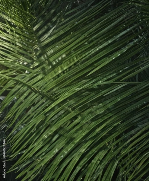 Fototapeta Deep green hues, rugged palm leaf surface, sunlit detail , palm texture, botanical