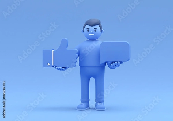 Fototapeta Holding Like and Chat Icon 3D Cartoon Character Illustration