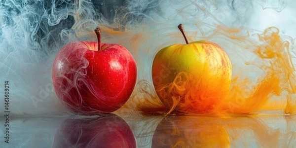 Fototapeta Smoky ink spirals behind a red and yellow apple on a glass surface