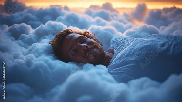 Obraz Peaceful slumber amidst fluffy clouds at sunset.