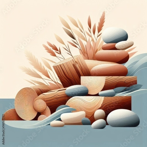 Fototapeta Wood and Stone: The warmth and organic texture of wood against the cool, solid feel of stone