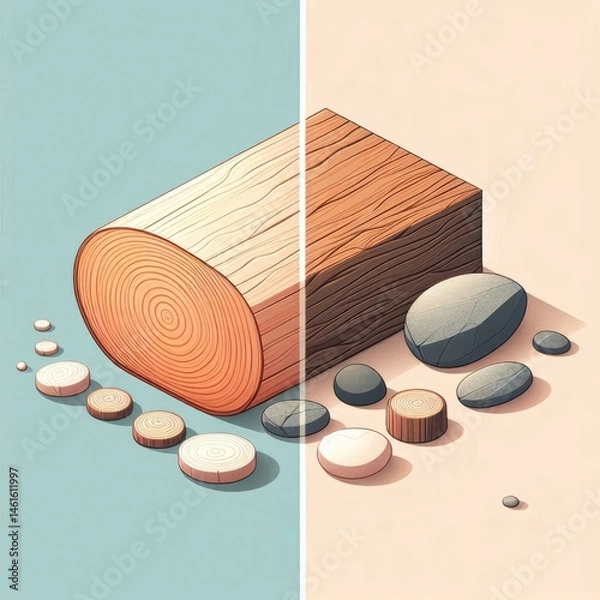 Fototapeta Wood and Stone: The warmth and organic texture of wood against the cool, solid feel of stone