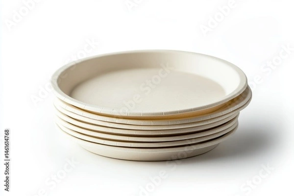 Fototapeta Round compostable plates stacked neatly on White background