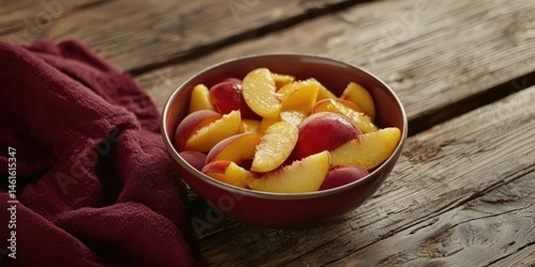 Fototapeta A bowl of sliced peaches and nectarines on a rustic wooden table.