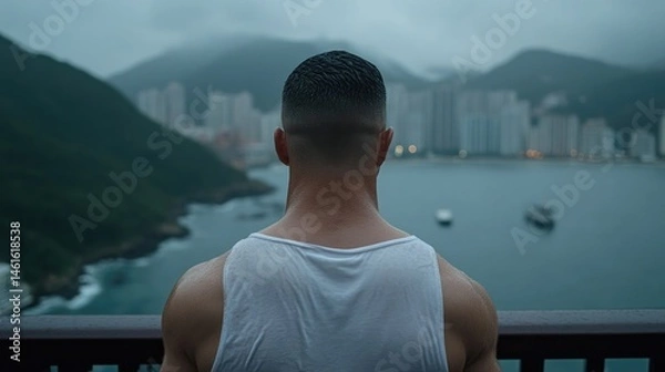 Obraz Man overlooking cityscape during a drizzle