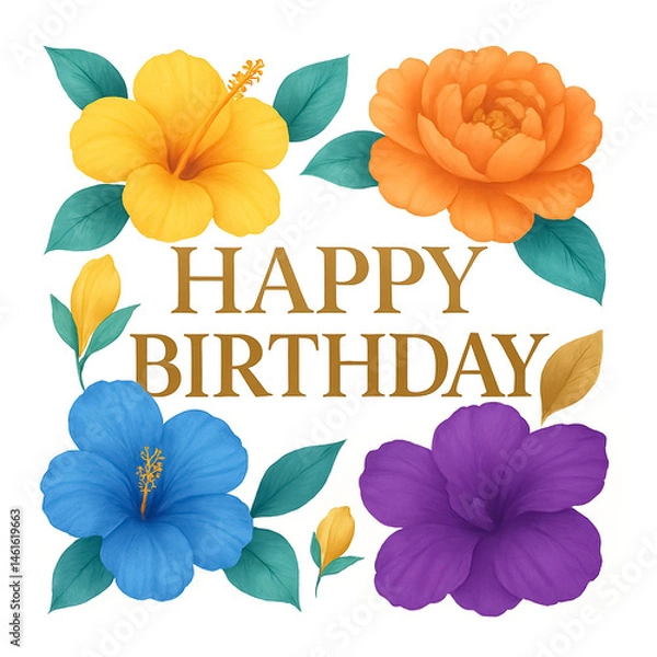 Fototapeta Happy Birthday Floral Greeting Card with Colorful Flowers – Elegant AI Generated Celebration Design