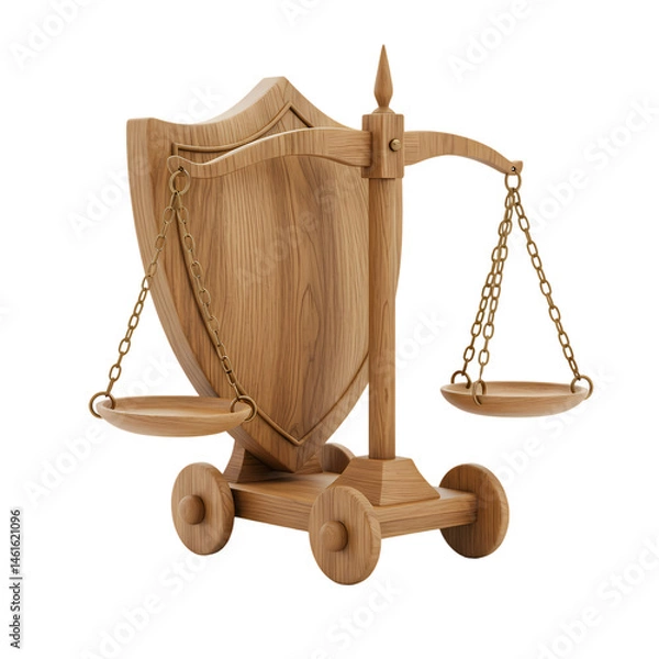 Obraz Wooden Scales of Justice with Shield Symbol of Law Protection and Balance isolated on Transparent Background