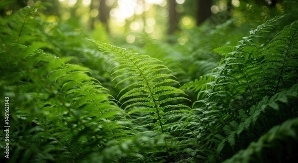 Obraz Verdant ferns bask in sunlight a lush forest floor under a dappled canopy