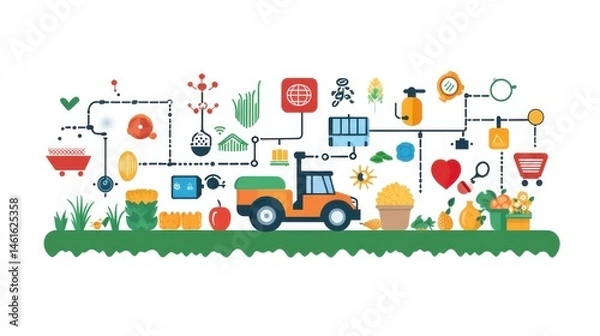 Obraz Colorful agricultural landscape with tractor graphics and various farming icons for agriculture concepts