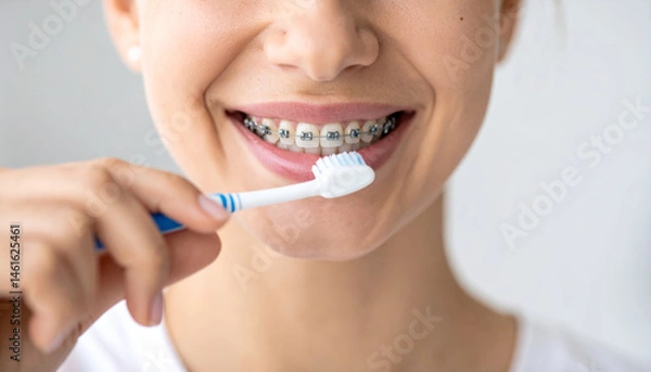 Fototapeta Young woman with dental braces brushing teeth, closeup, showing healthy smile and oral care routine, feeling happy and confident at home
