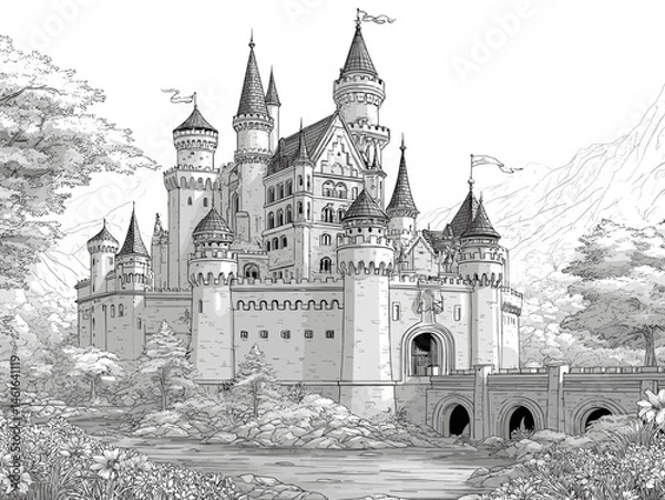 Fototapeta Black and white vector illustration of a fairytale castle with towers and nature, designed as a coloring page
