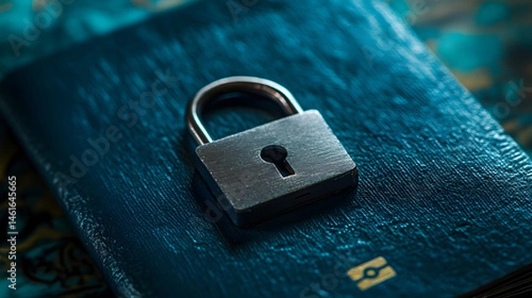 Fototapeta A padlock resting on a passport, symbolizing secure travel, protected identity, and data security while traveling. Concept for international security, travel safety, and identity protection.