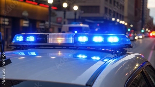 Obraz Bright blue emergency lights flash as police vehicles navigate through downtown streets during the evening. The atmosphere is tense as officers assist at a nearby incident