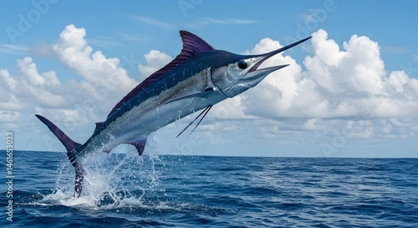 Fototapeta AI image. A powerful blue marlin leaps dramatically out of the deep blue ocean water, splashing, under a partly cloudy sky.