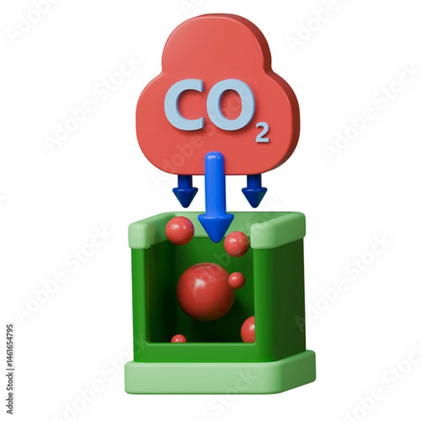 Fototapeta CO2 capture process illustrated with arrows and particles showing carbon capture in green container.
