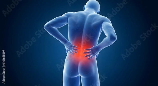 Fototapeta AI image of a transparent human figure showing a glowing red area on the lower back, indicating intense lumbar pain.