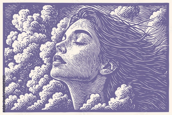 Fototapeta Vector linocut: a serene woman's face with closed eyes and flowing hair merges with swirling clouds. Dreamlike, peaceful illustration in a purple hue.