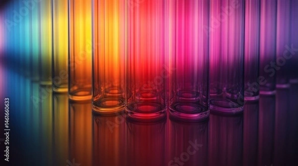 Fototapeta Horizontal rows of colorful test tubes in scientific tray viewed from top angle with sterile brightness representing lab organization and biotech pattern arrangement,


