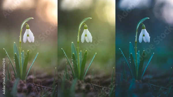 Fototapeta Close-up of Dew-covered Snowdrop Flowers in Different Light Conditions