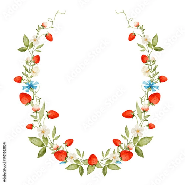 Obraz watercolor strawberry wreath with white flowers