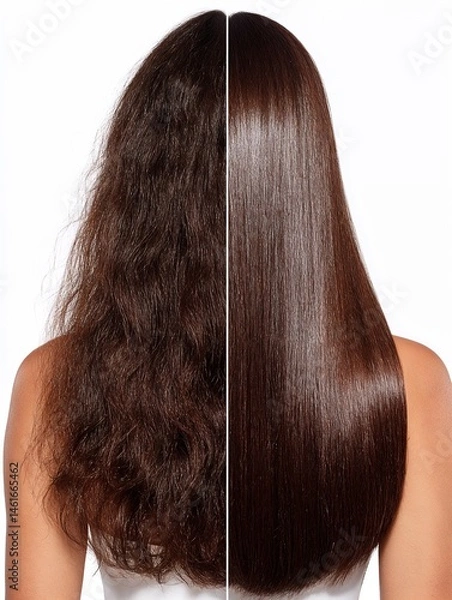 Obraz Woman's hair before and after smoothing treatment on white background