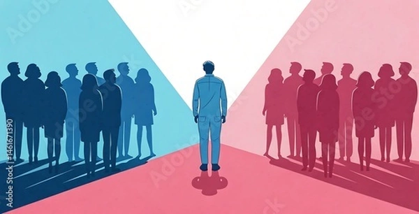 Fototapeta The Crossroads of Choice: A lone figure stands at a crossroads, symbolizing a critical decision or pivotal moment. Two distinct groups of people flank the figure.
