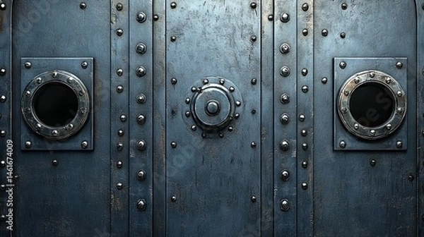 Obraz a steel door with portholes and rivets, resembling a submarine or bunker entrance, featuring a rotary valve lock and bulletproof design