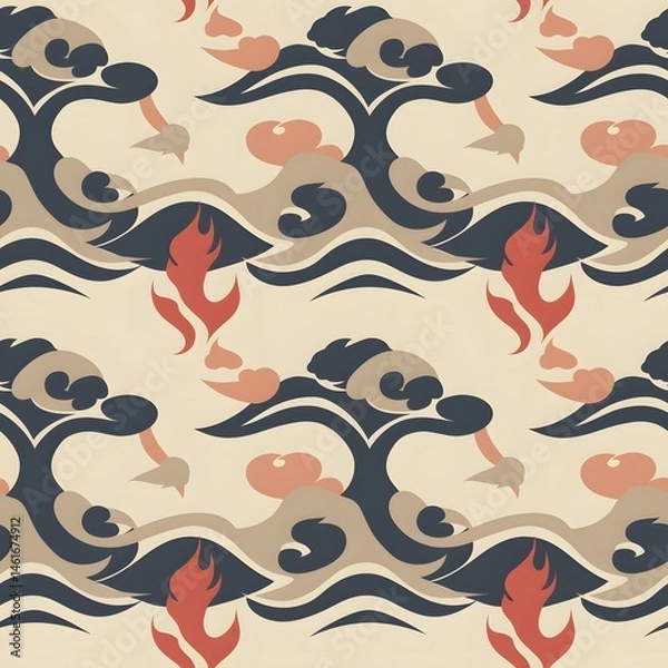 Fototapeta Elegant action modern seamless pattern of japanese clouds and thai kran artistic textile design art studio aesthetic vibes