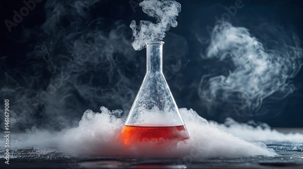 Fototapeta White smoke emerges from an Erlenmeyer flask containing a red solution after dry ice is added, demonstrating a chemical reaction 