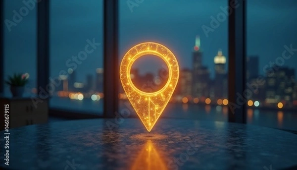 Obraz Glowing map pin icon in a night city office background with sparkling lights