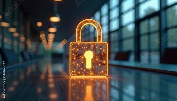 Obraz Glowing padlock icon on a glass surface in a modern interior setting